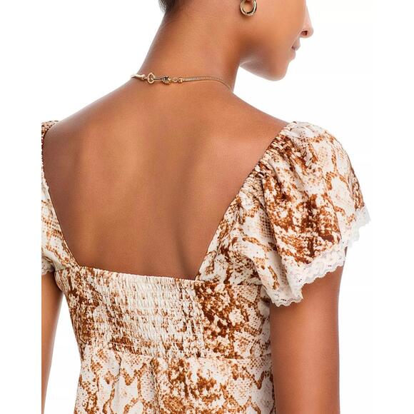 69$ WAYF Melissa Lace Trim Sweetheart Crop Top Flutter Sleeves Size M Brown Pyth - Picture 3 of 4